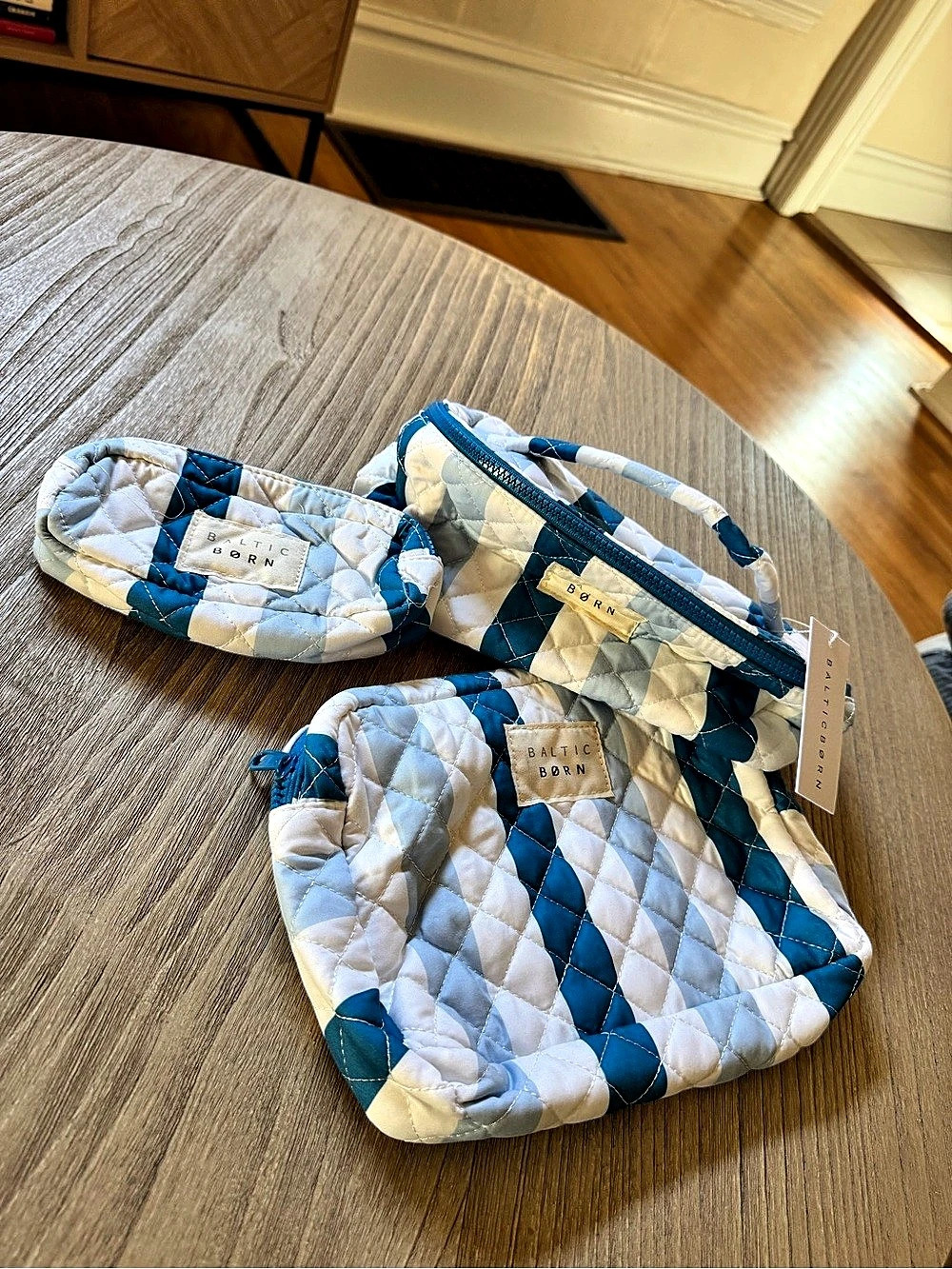 Baltic Born Quilted Cosmetic Pouch Set in Blue & White NWT